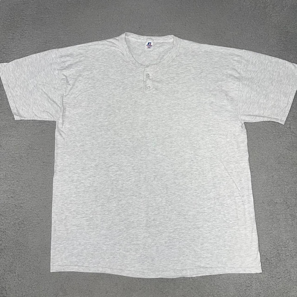 VTG Russell Athletic Shirt Men 2XL XXL Heather Gray Henley Blank Embroidered Tee
